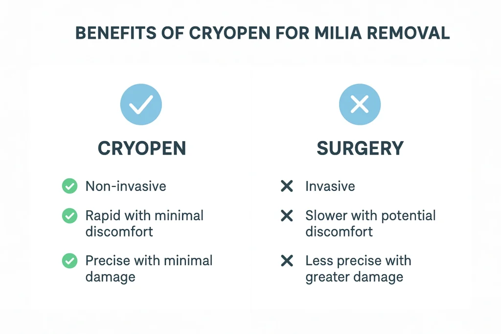 Benefits of cryopen for milia removal Oxfordshire compared to surgical treatments.