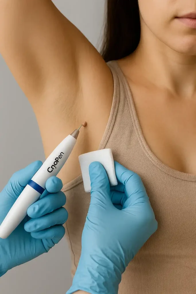 woman having cryopen to remove underarm skin tags Oxfordshire