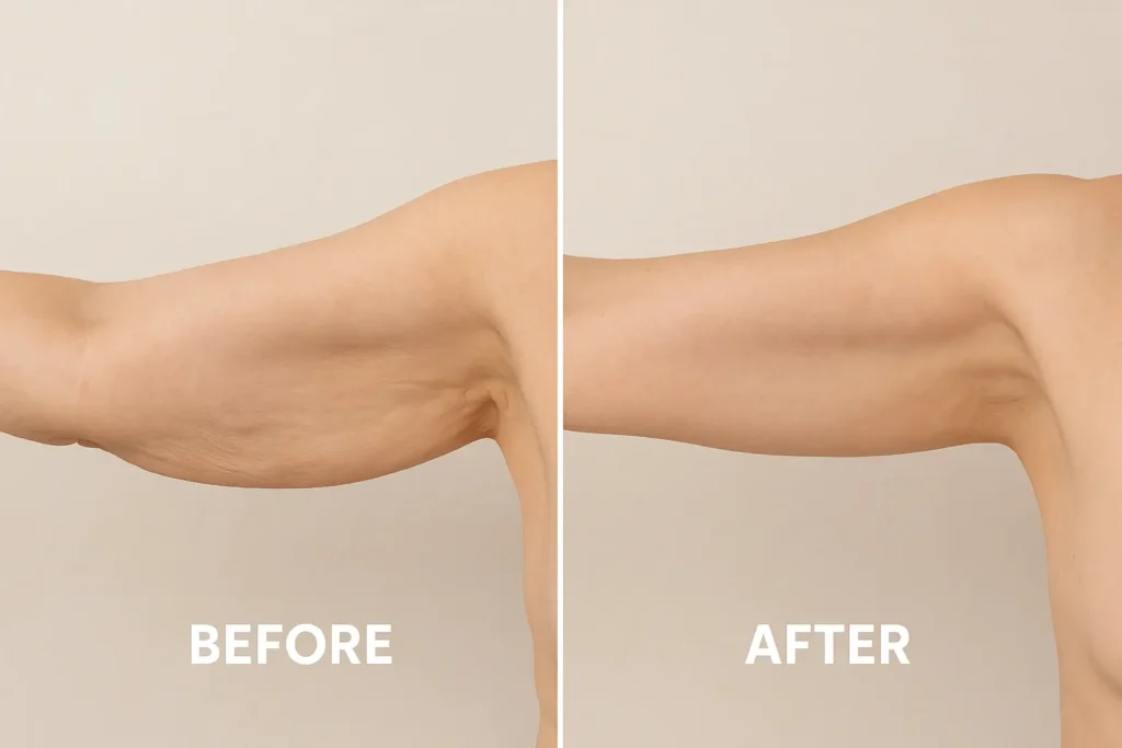 Picture of LA LIPO Oxfordshire before and after results of skin tightening treatment on the upper arms.