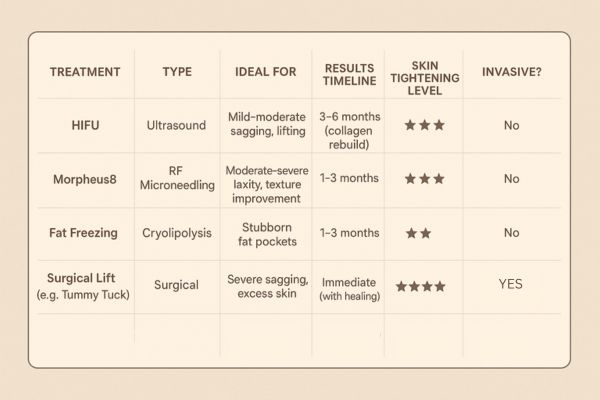 Table showing the comparisons of Skin tightening Oxfordshire treatment options.